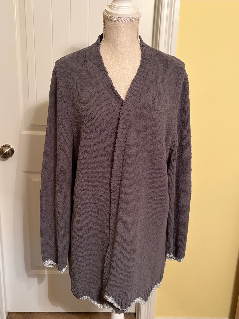 Cato Charcoal Open-Front Cardigan with White Trim